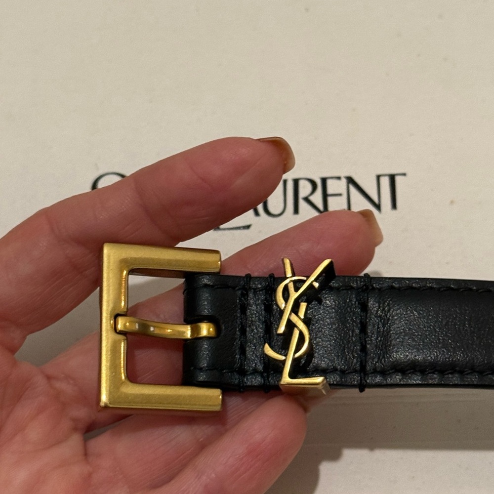Saint Laurent Cassandre Slim Leather Belt with Gold Buckle